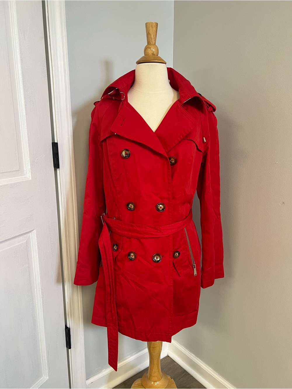 Michael Kors Vibrant Red Trench Coat Belted Mid-Length Jacket Size S Removable
